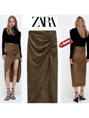 Zara olive army khaki green faux suede side ruched slit midi skirt Sz S NWT